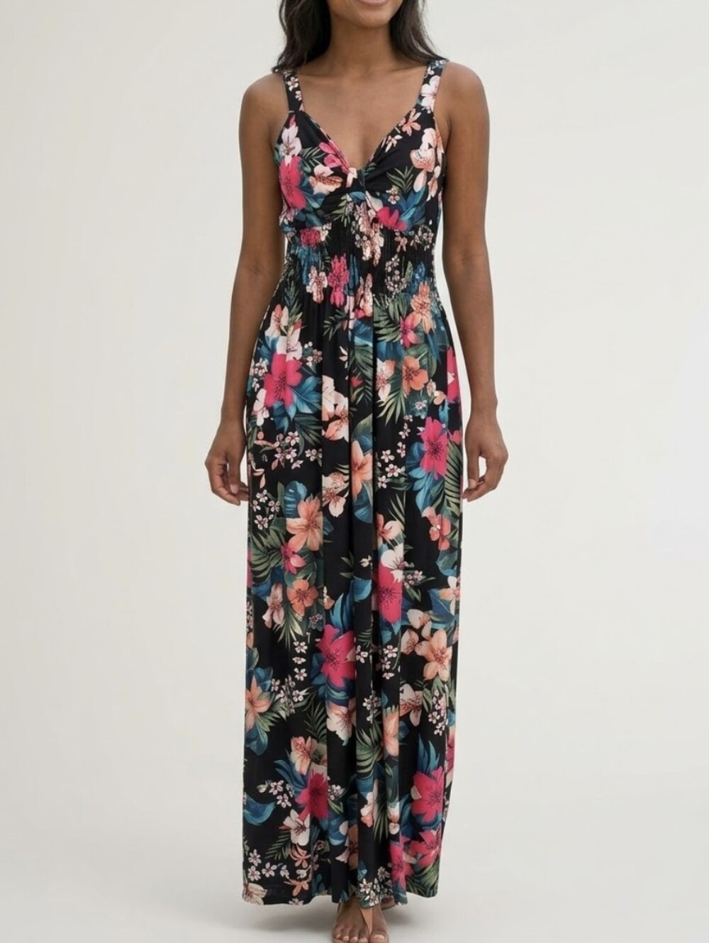 Mira Luxe Tropical Floral Twist Front Smocked Waist Maxi Dress S/M